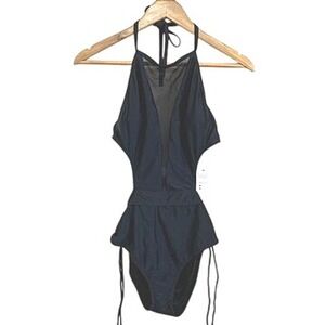 Black Halter Neck Swimsuit M‎ One Piece Open Side Peplum Swimwear Bathing Suit